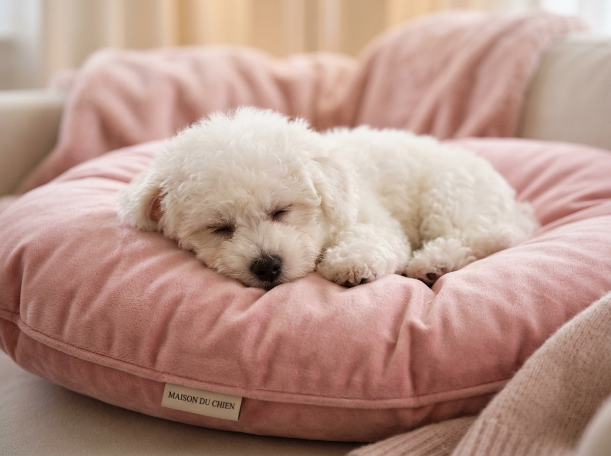 Adorable fluffy Bichon Frise resting cozy on pastel pink pillow